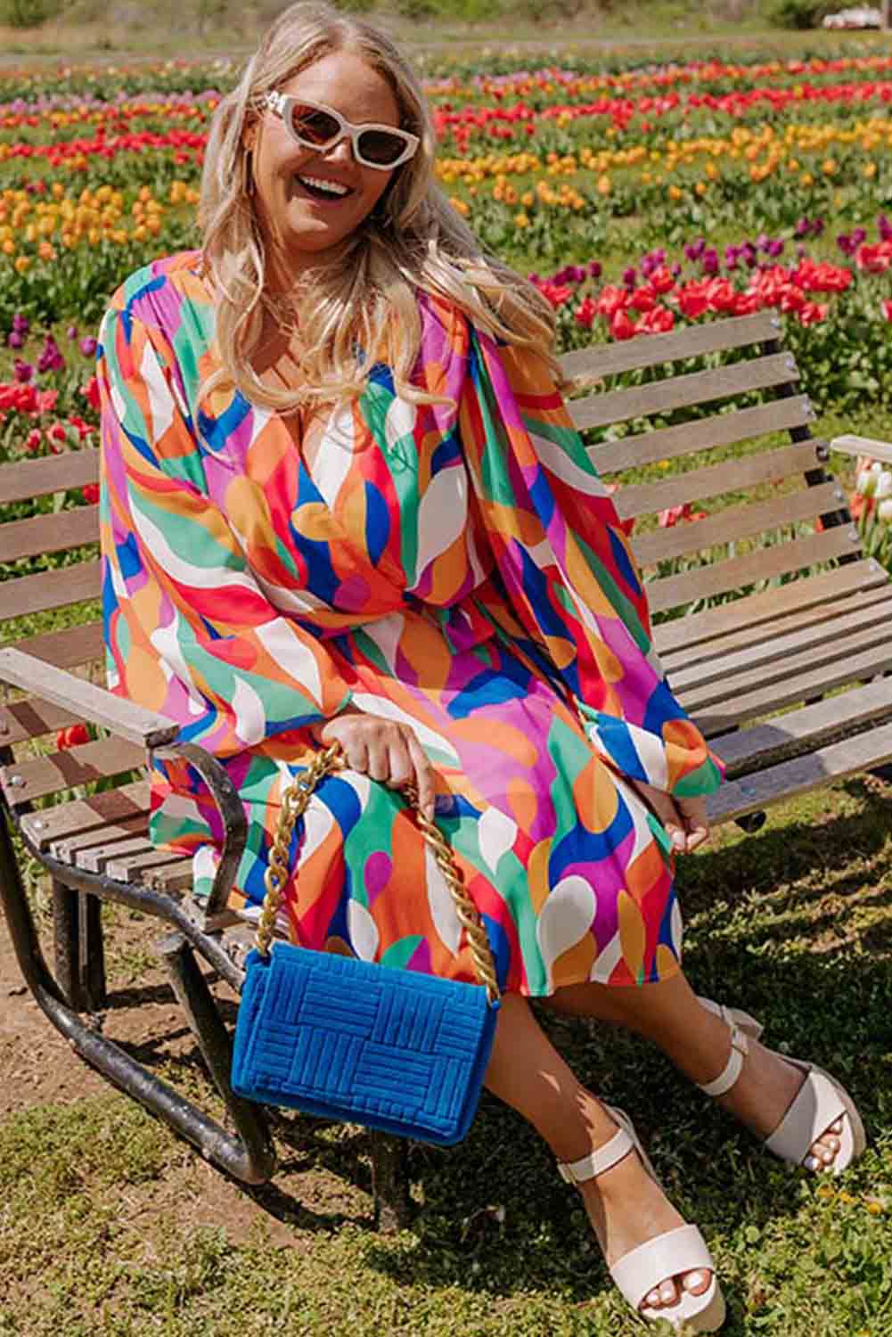 Multicolor Plus Size Abstract Print Wrap V Neck Bubble Sleeve Dress Dresses JT's Designer Fashion