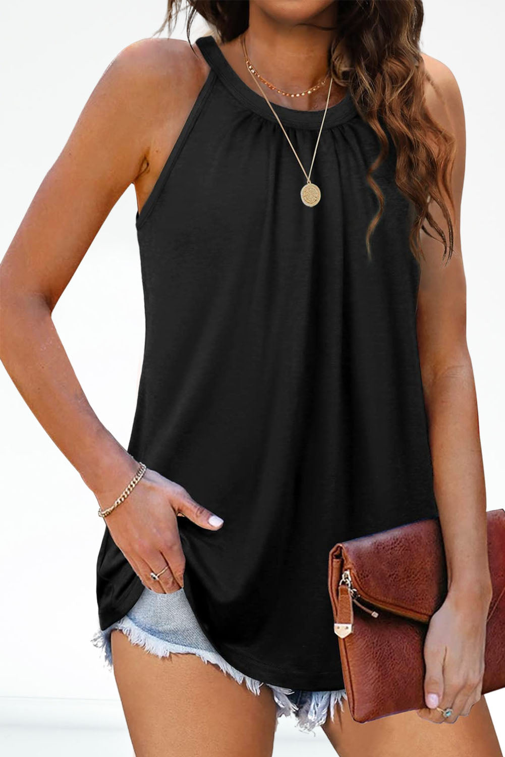 Black Pleated Round Neck Loose Sleeveless Top Black 65%Polyester+30%Viscose+5%Elastane Tank Tops JT's Designer Fashion