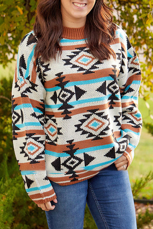Multicolour Aztec Knit Drop Shoulder Plus Size Sweater Plus Size JT's Designer Fashion