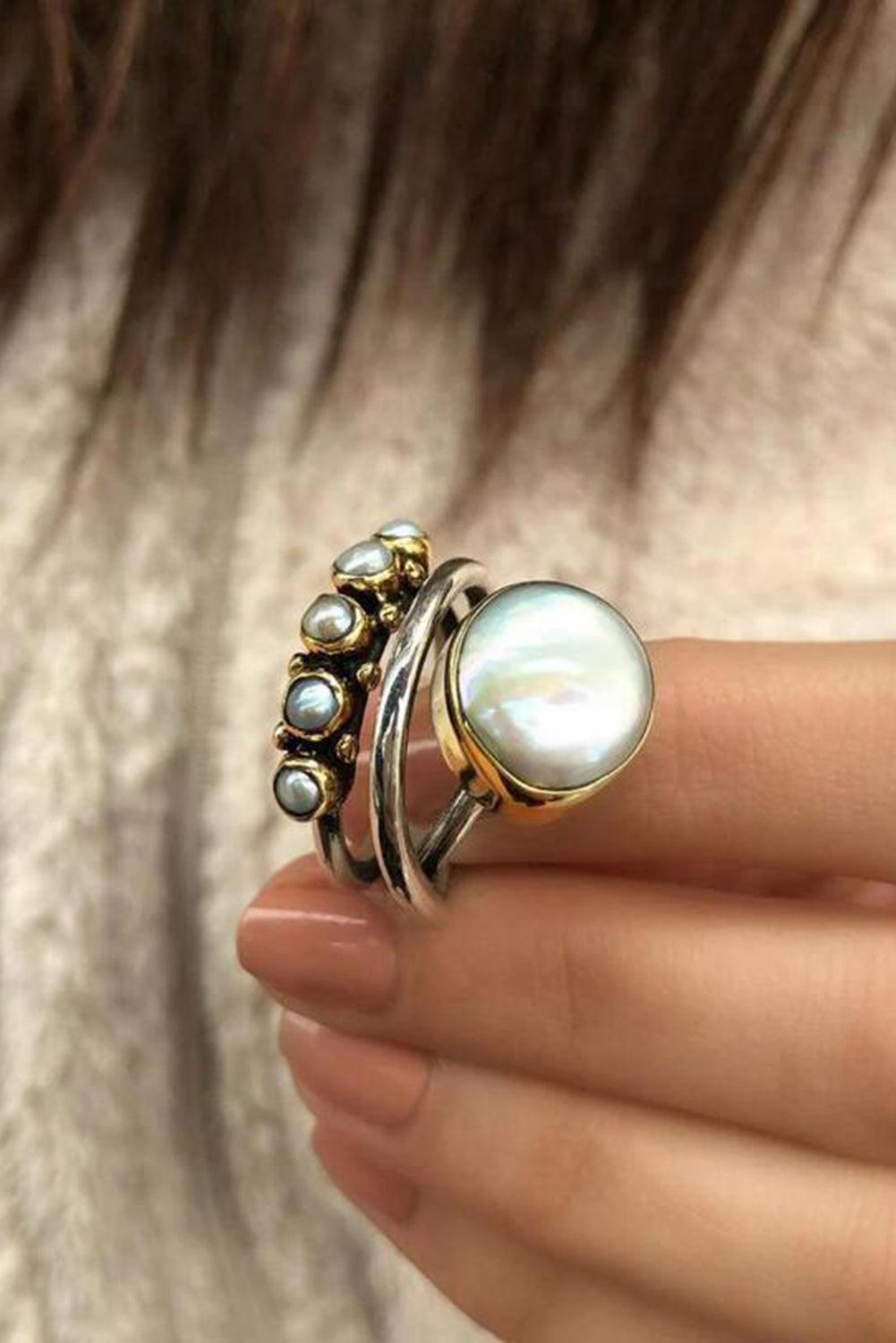 Silver Vintage Pearl Inlay Opening Ring Jewelry JT's Designer Fashion