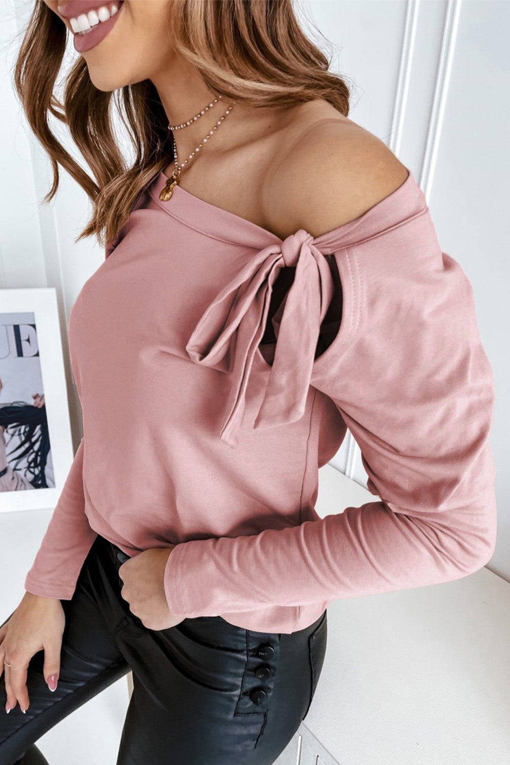 Pink Asymmetric Ribbon Tie Long Sleeve Top Long Sleeve Tops JT's Designer Fashion