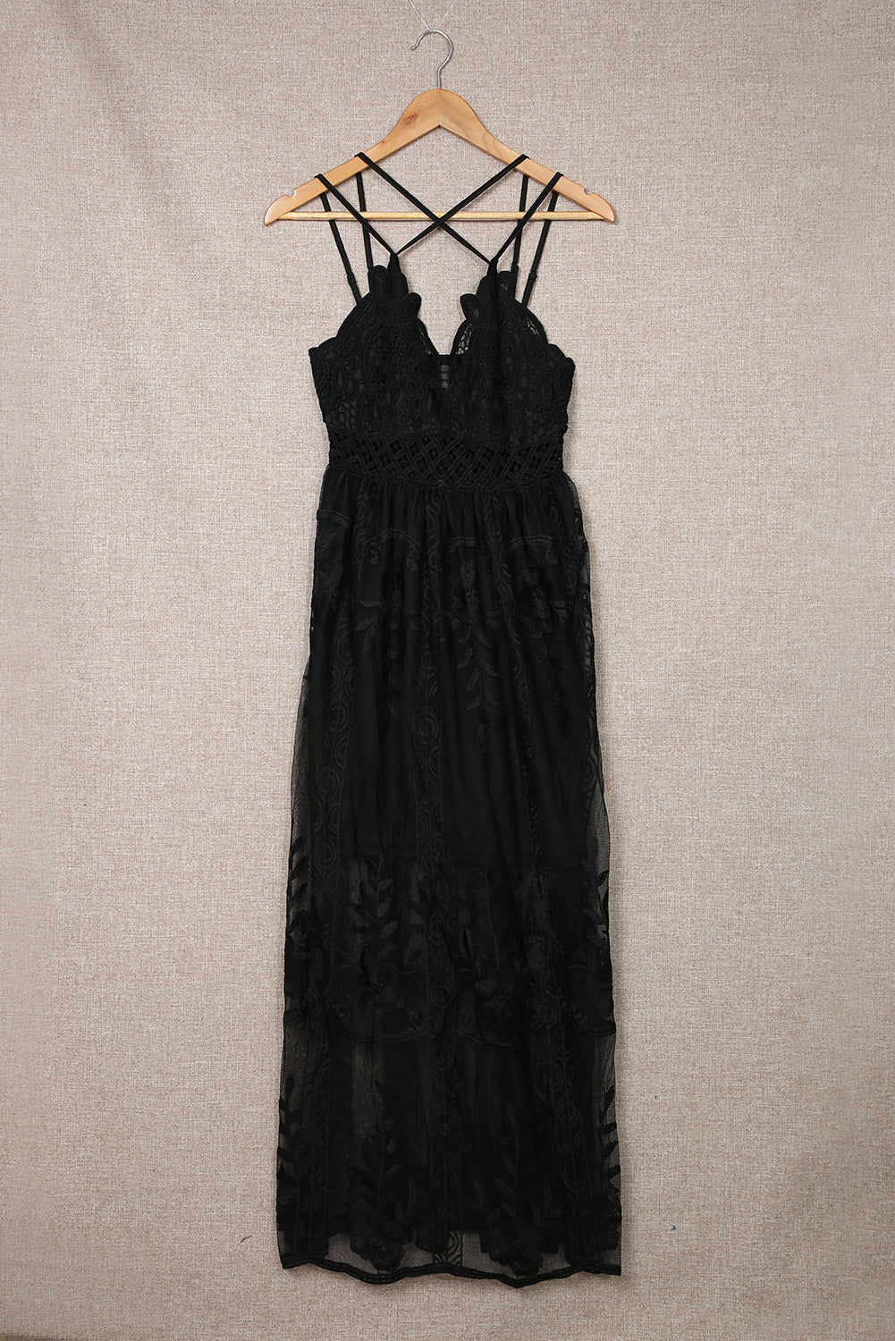 Black Lace Crisscross Backless Maxi Dress Maxi Dresses JT's Designer Fashion