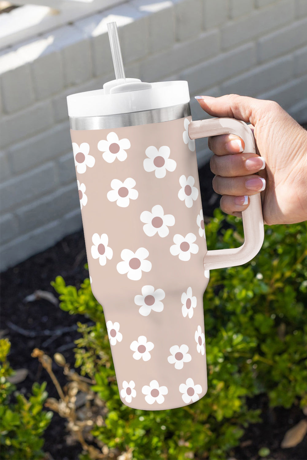 Parchment Floret Print Stainless Tumbler With Lid And Straw Tumblers JT's Designer Fashion