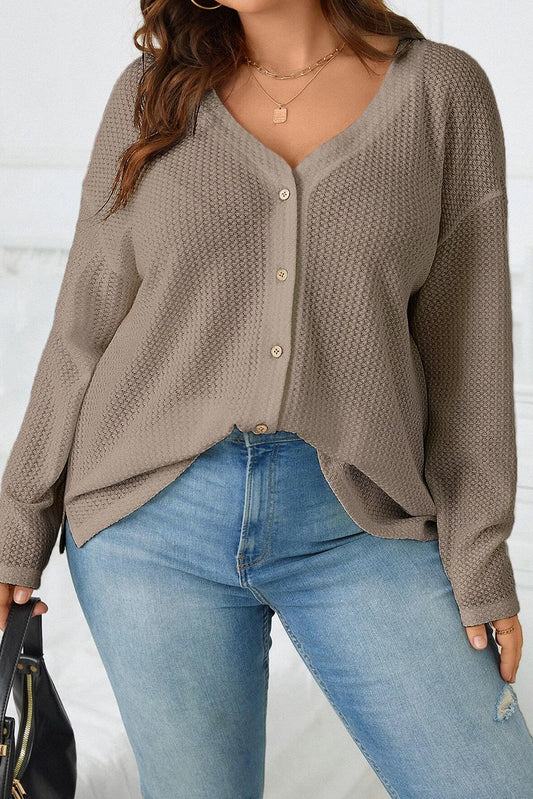 Simply Taupe Waffle Knit Drop Shoulder Button V Neck Plus Size Top Plus Size JT's Designer Fashion