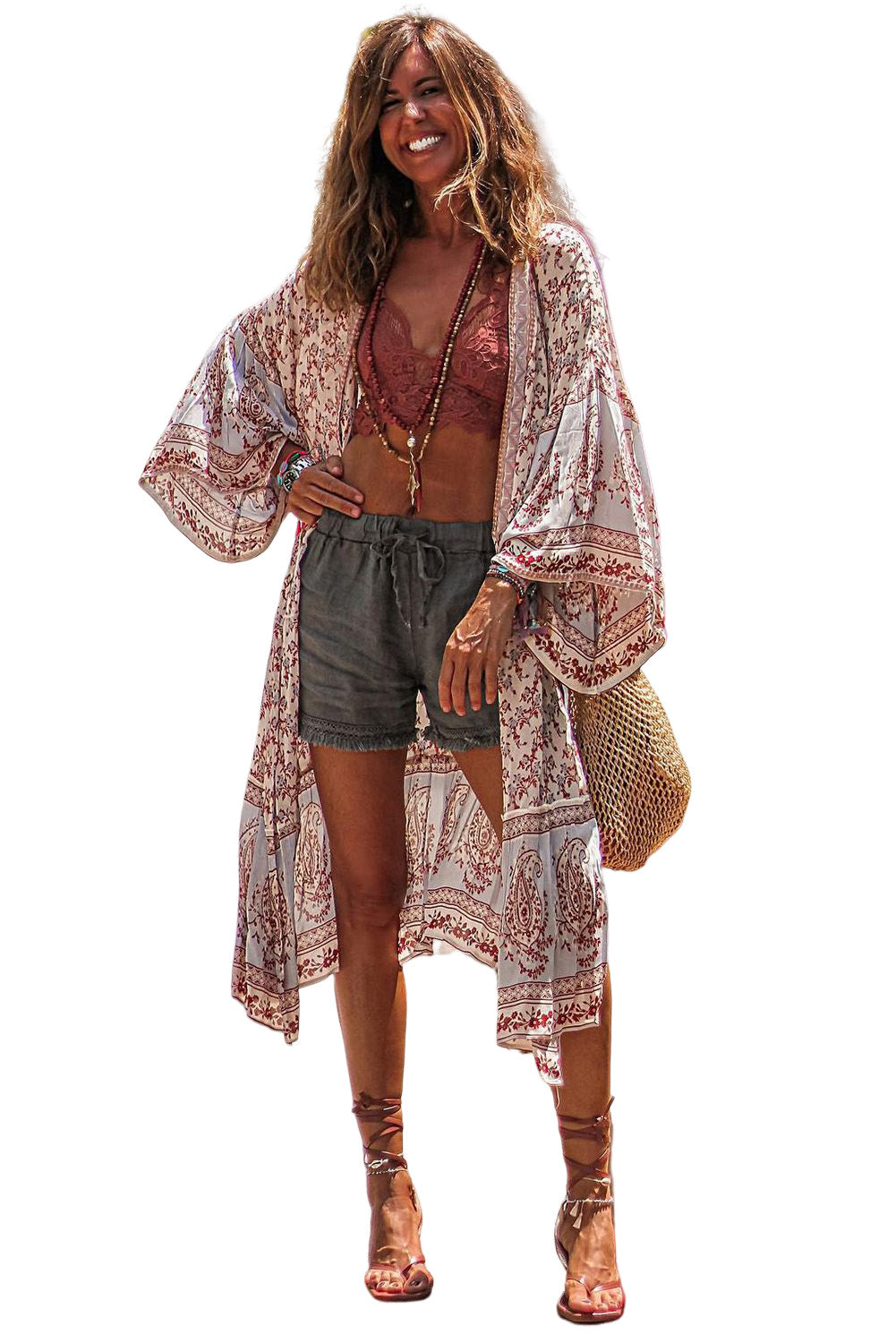 Red Boho Print Billowy Longline Kimono Kimonos JT's Designer Fashion