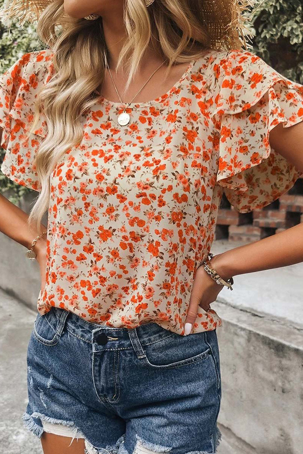 Orange Floral Tiered Flutter Sleeve Blouse Orange 100%Polyester Blouses & Shirts JT's Designer Fashion