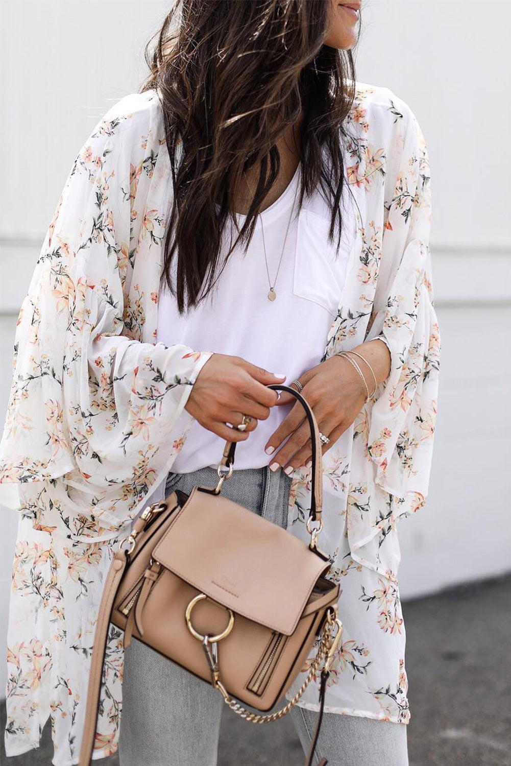 White Floral Print Ruffled Long Sleeves Kimono Kimonos JT's Designer Fashion