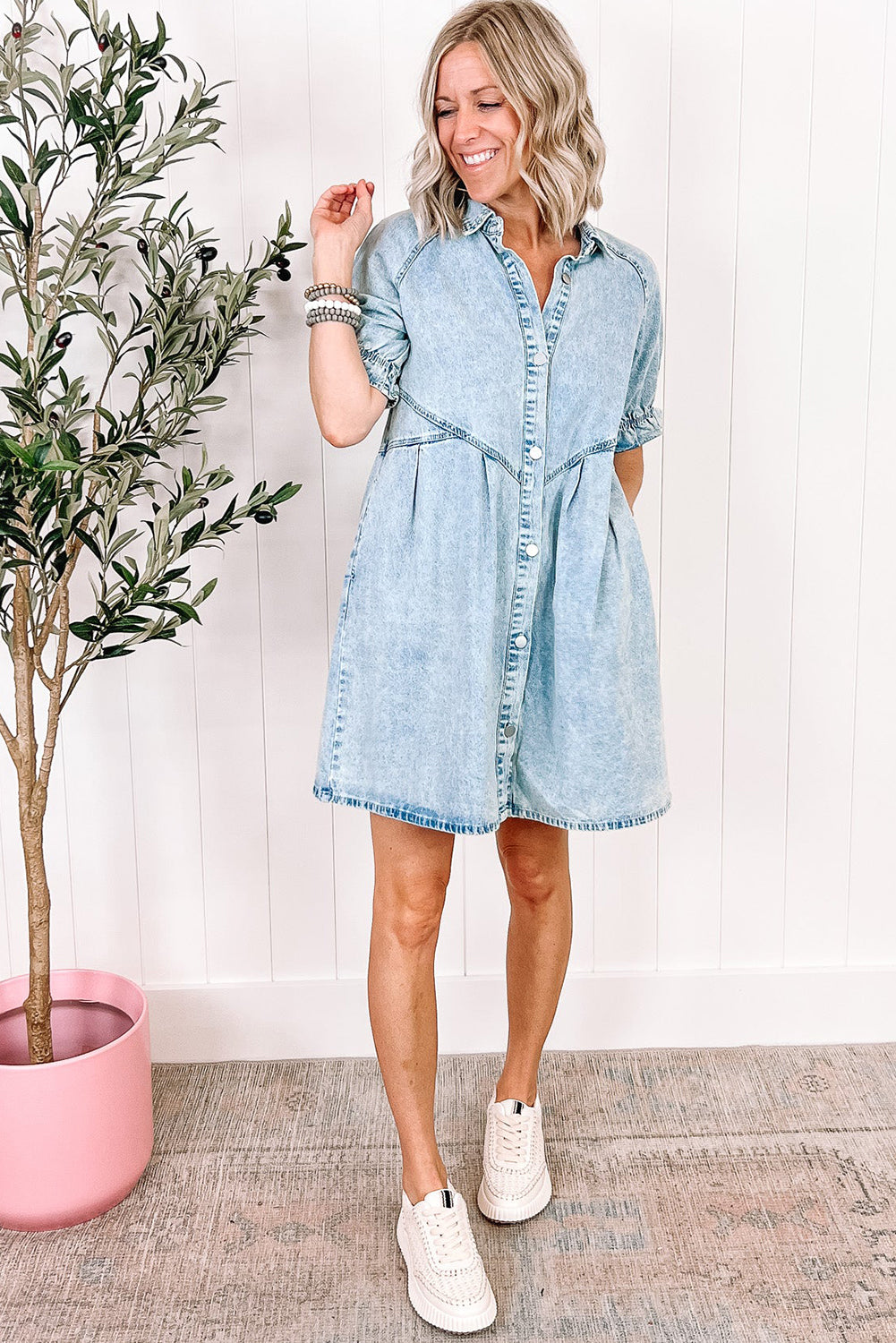 Beau Blue Mineral Wash Ruffled Short Sleeve Buttoned Denim Dress Dresses JT's Designer Fashion