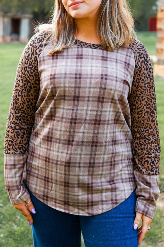 Chestnut Plus Size Leopard Raglan Sleeve Plaid Top Plus Size JT's Designer Fashion