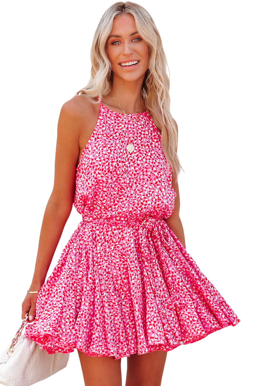 Pink Leopard Print Sleeveless Mini Dress with Waist Tie Mini Dresses JT's Designer Fashion