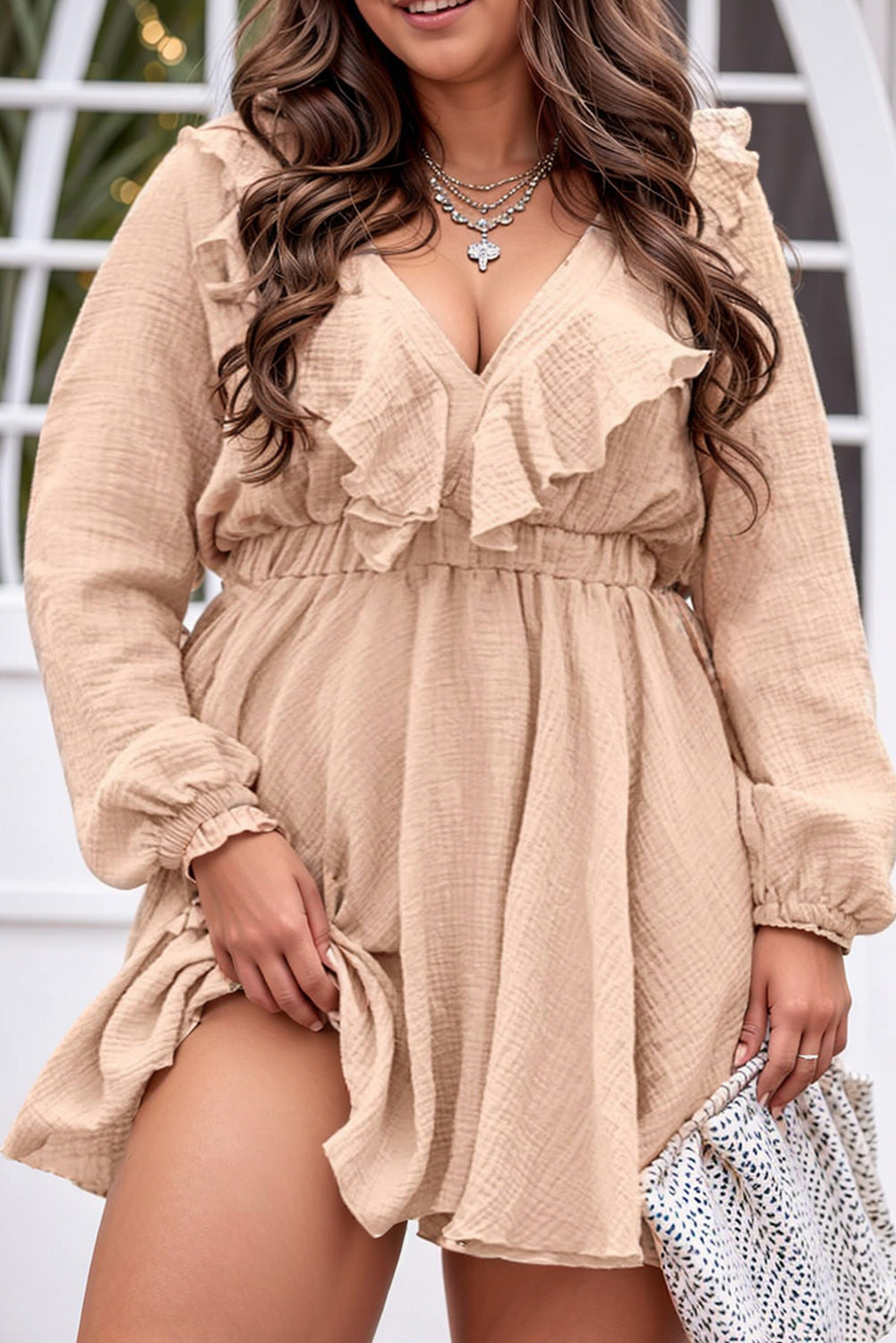 Oatmeal Crinkled Ruffle V Neck Plus Size Mini Dress Plus Size JT's Designer Fashion