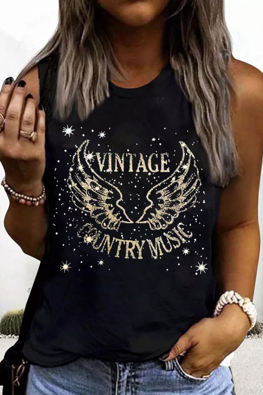 Black Vintage Country Music Wing Glitter Print Tank Top Black 65%Polyester+30%Viscose+5%Elastane Tank Tops JT's Designer Fashion