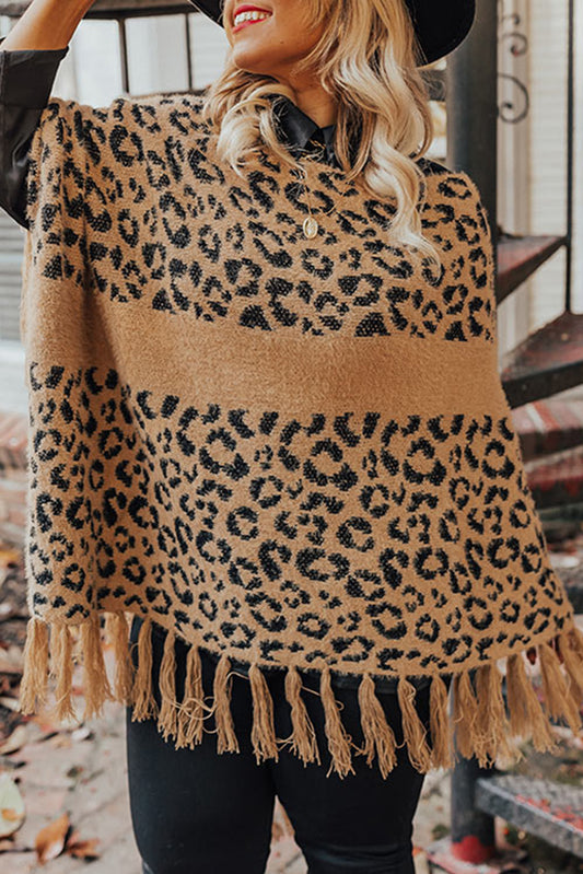 Leopard Plus Size Tasseled Hem Draped Poncho Plus Size JT's Designer Fashion