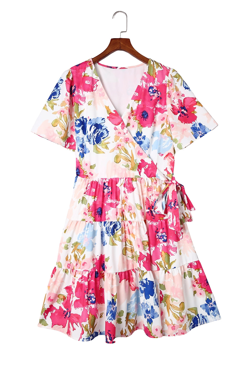 Multicolor Sweet Floral Wrap V Neck Skater Dress Floral Dresses JT's Designer Fashion