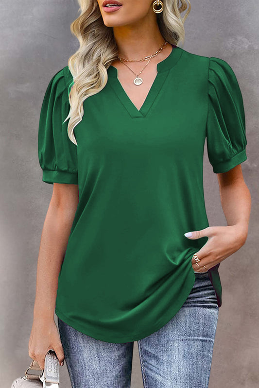 Green Solid Color Pleated Puff Short Sleeve Top Tops & Tees JT's Designer Fashion