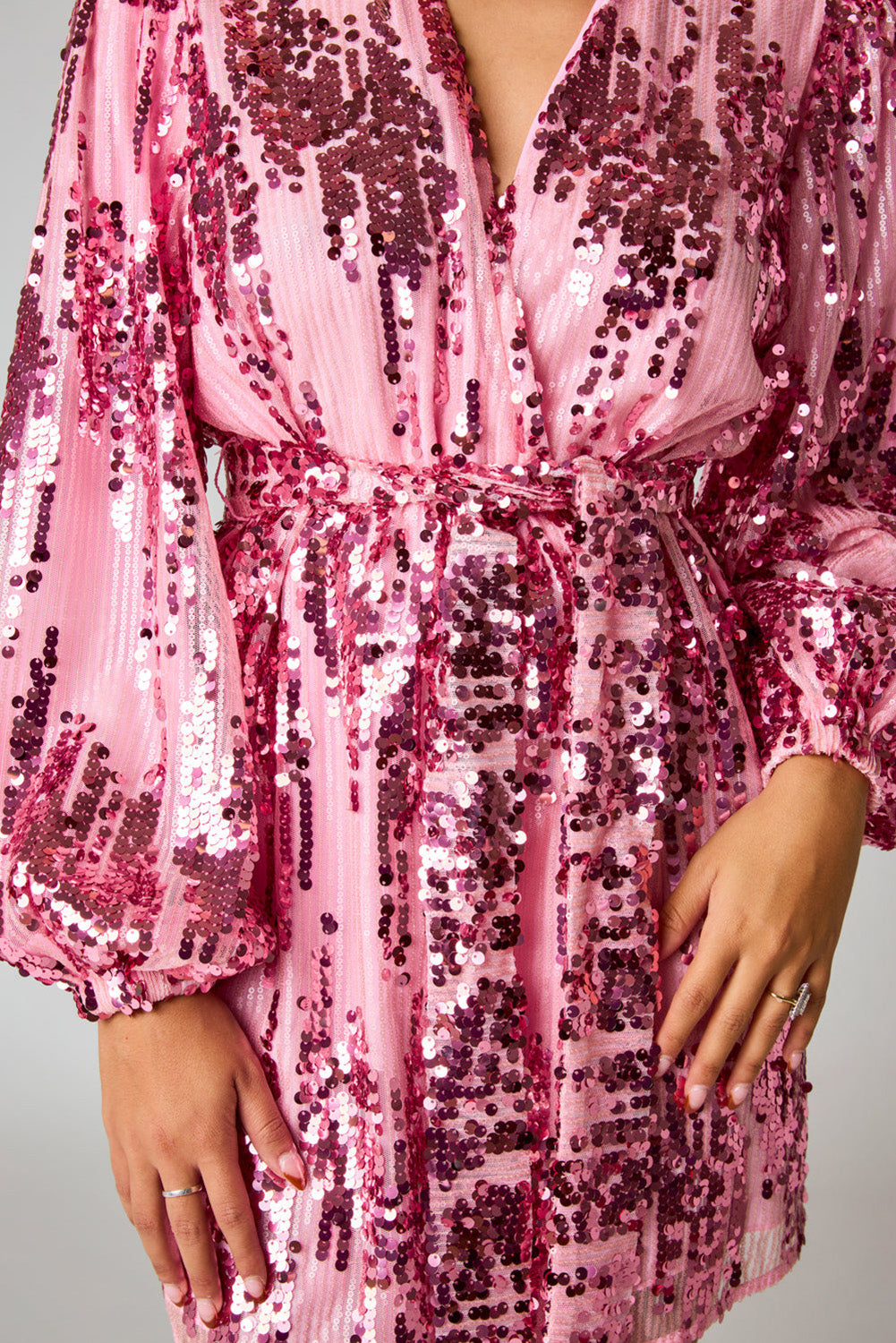 Pink Sequin Bubble Sleeves Short Wrap Dress Plus Size JT's Designer Fashion