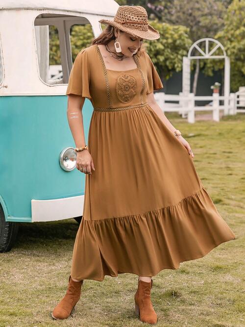 Plus Size Square Neck Short Sleeve Ruffle Hem Dress Midi Dresses JT's Designer Fashion