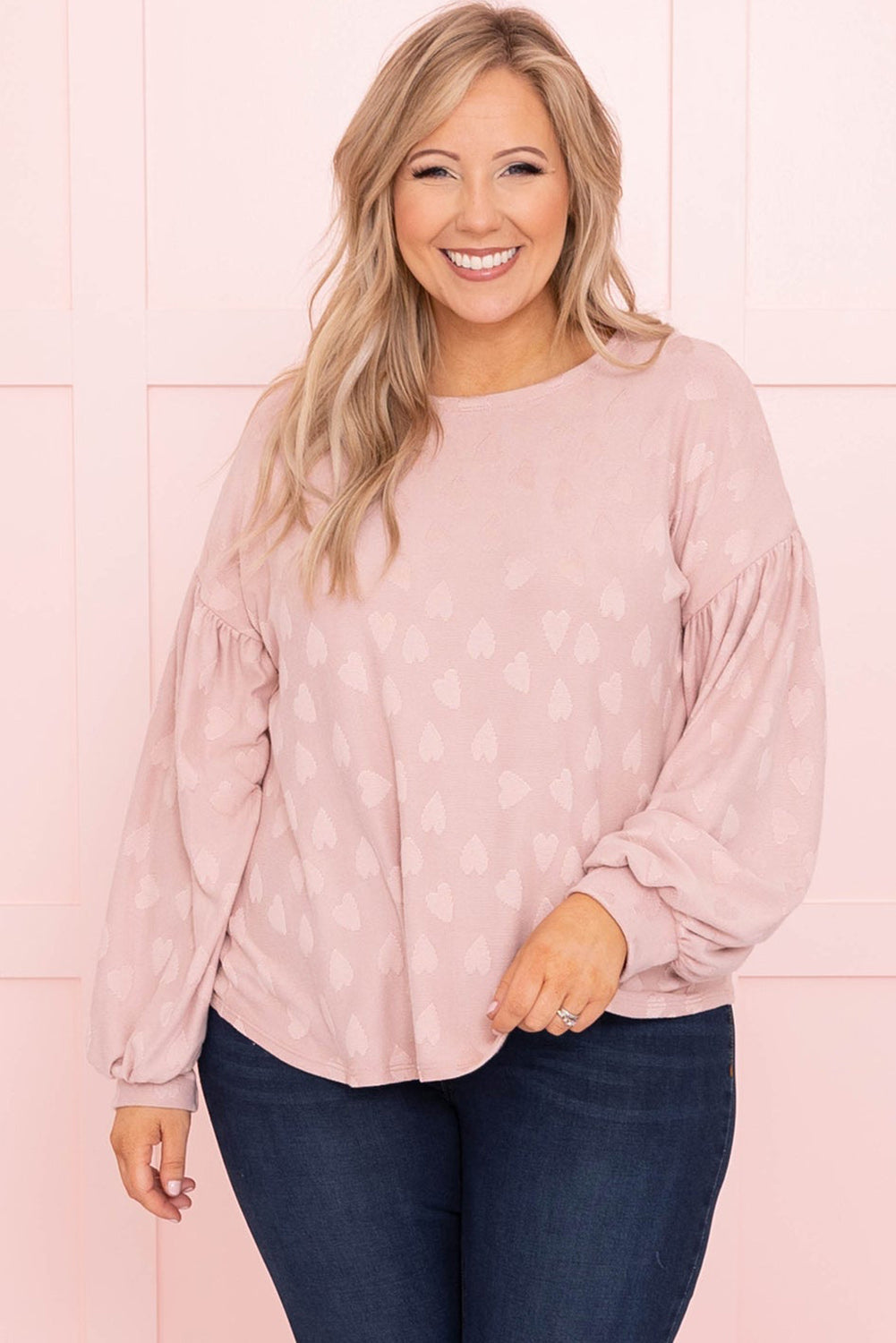 Light Pink Heart Pattern Lantern Sleeve Drop Shoulder Plus Top Plus Size JT's Designer Fashion