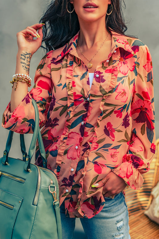 Red Floral Print Ruffled Long Sleeve Shirt Blouses & Shirts JT's Designer Fashion