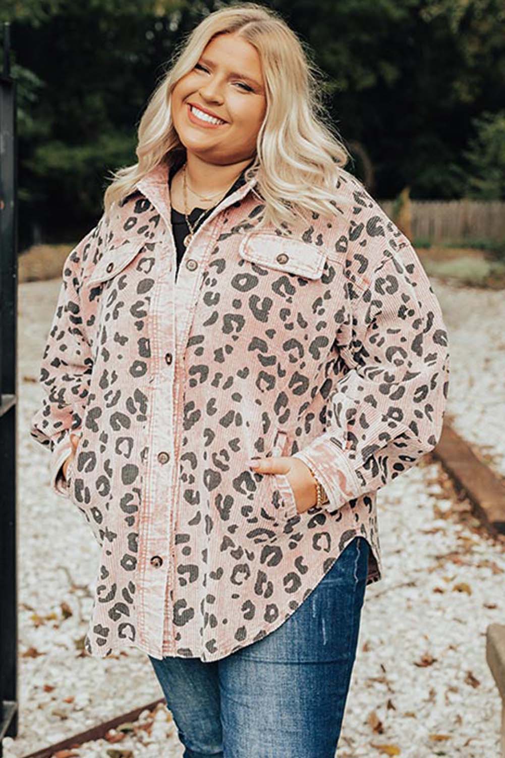 Leopard Plus Size Round Hem Button Up Corduroy Shacket Plus Size JT's Designer Fashion