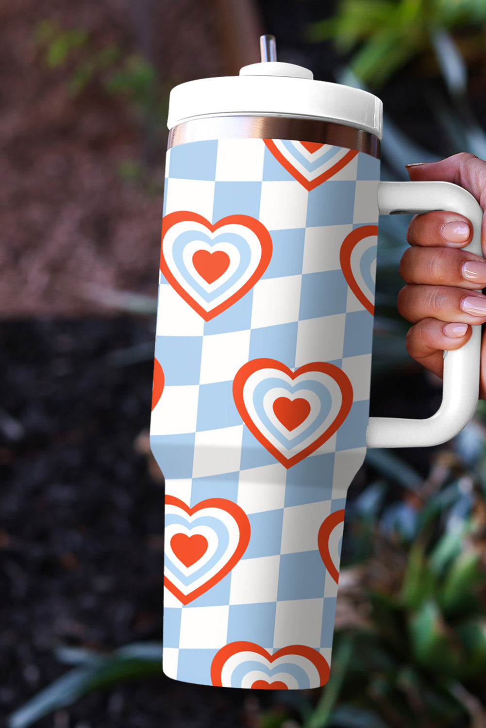 Mist Blue Heart Print Checkered Stainless Thermos Cup Tumblers JT's Designer Fashion