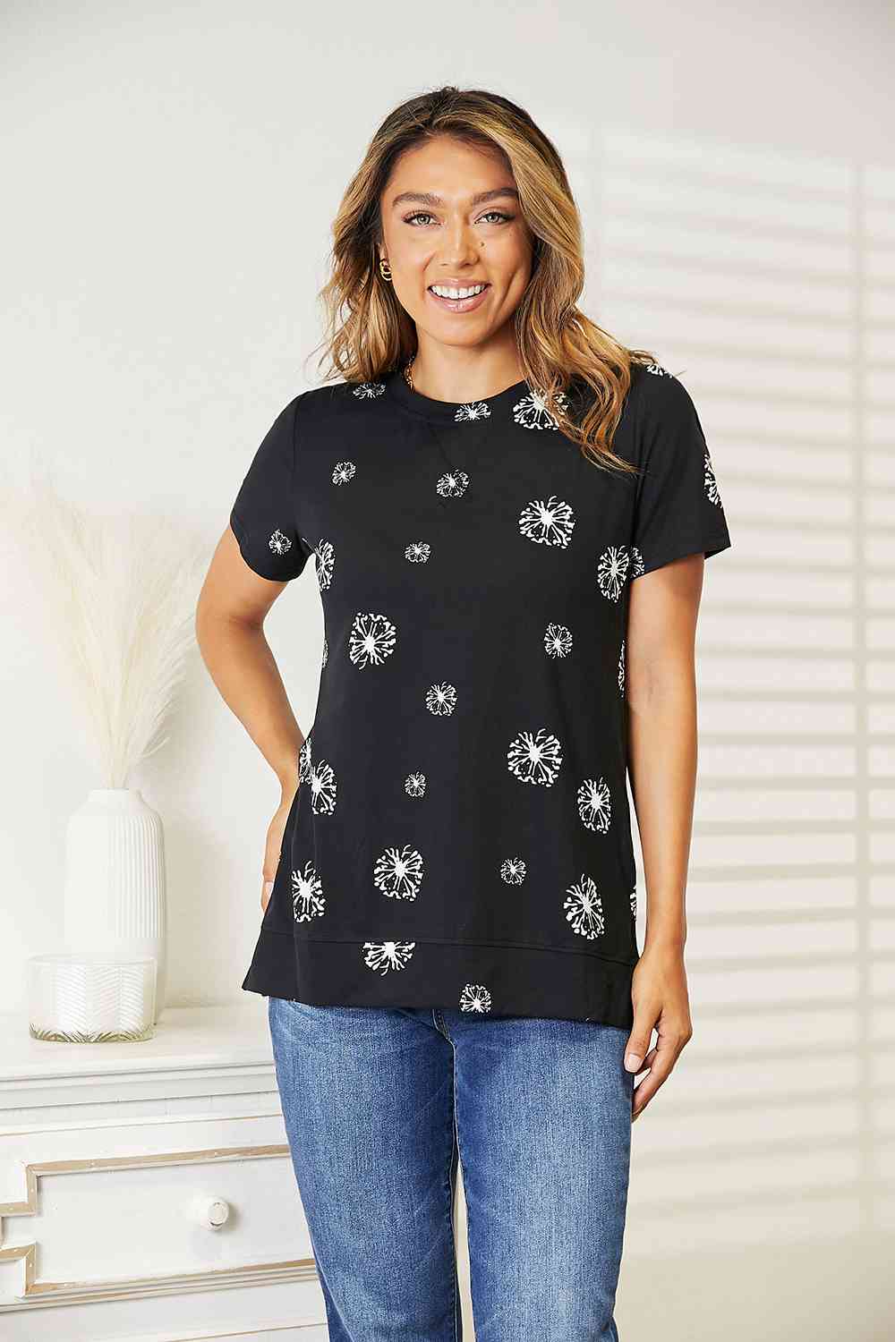 Double Take Dandelion Print Round Neck T-Shirt Tops & Tees JT's Designer Fashion