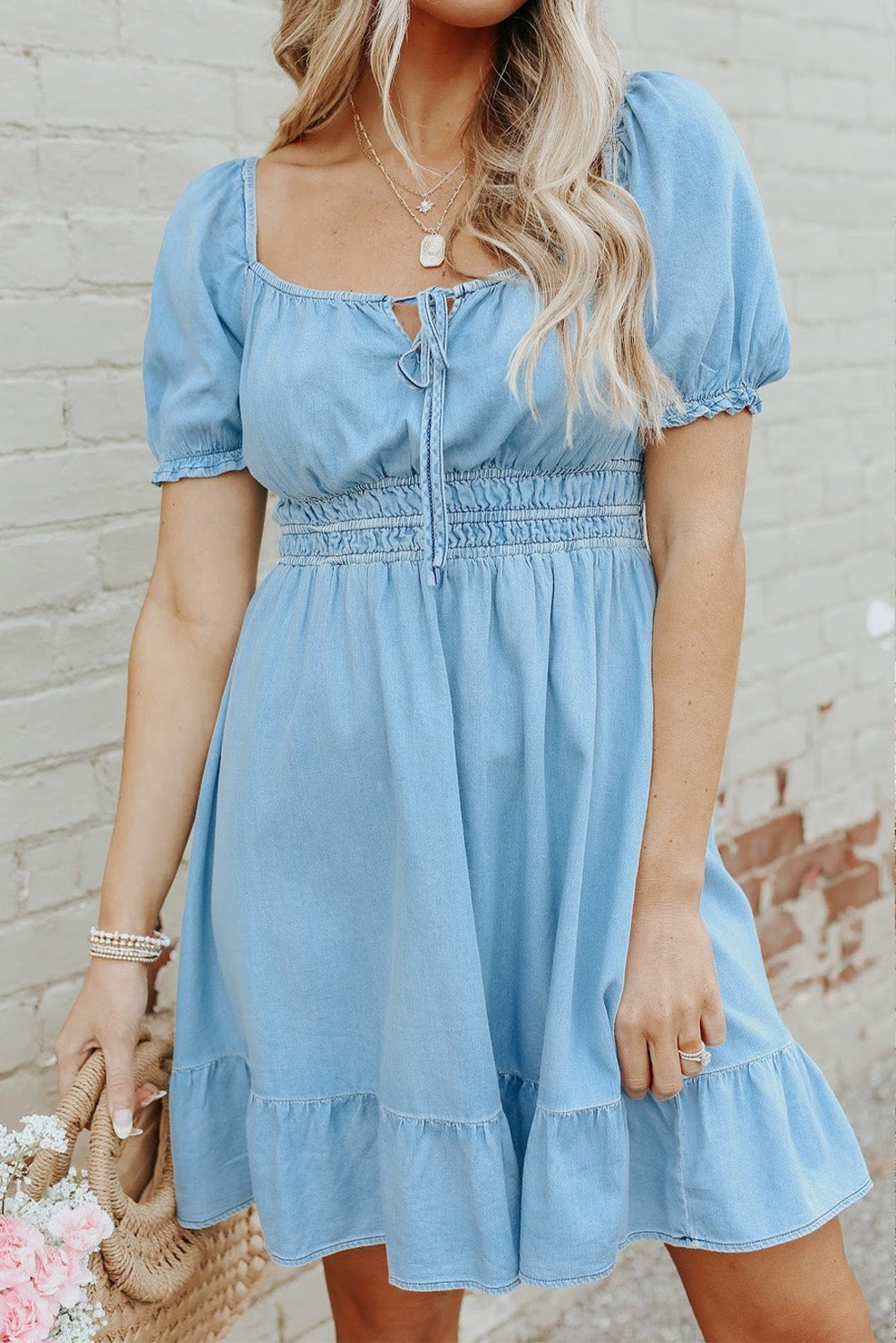 Sky Blue Square Neck Front Tie Ruffled Hem Chambray Dress Mini Dresses JT's Designer Fashion