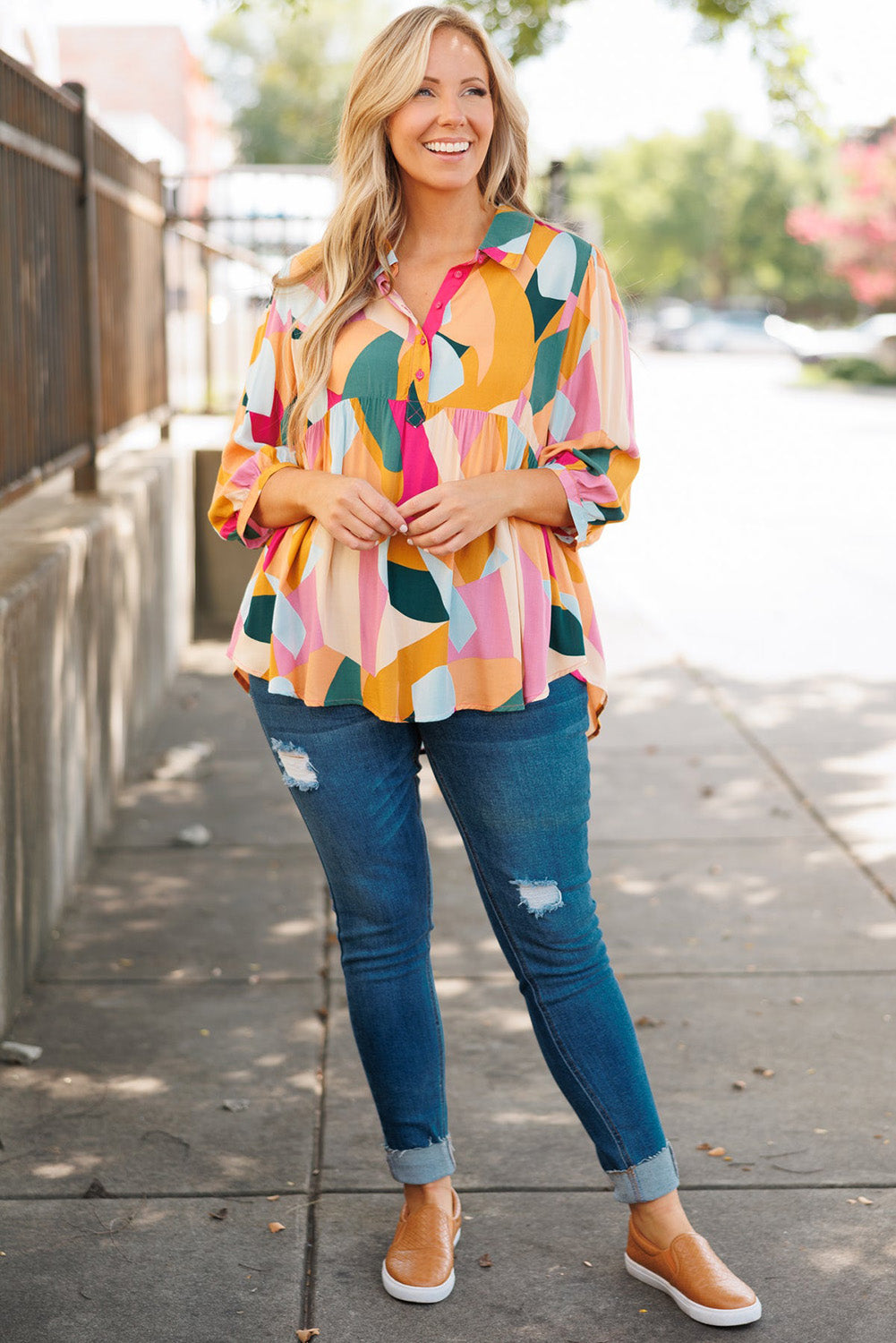 Ginger Plus Size Geometric Print Bracelet Sleeve Flowy Blouse Plus Size JT's Designer Fashion