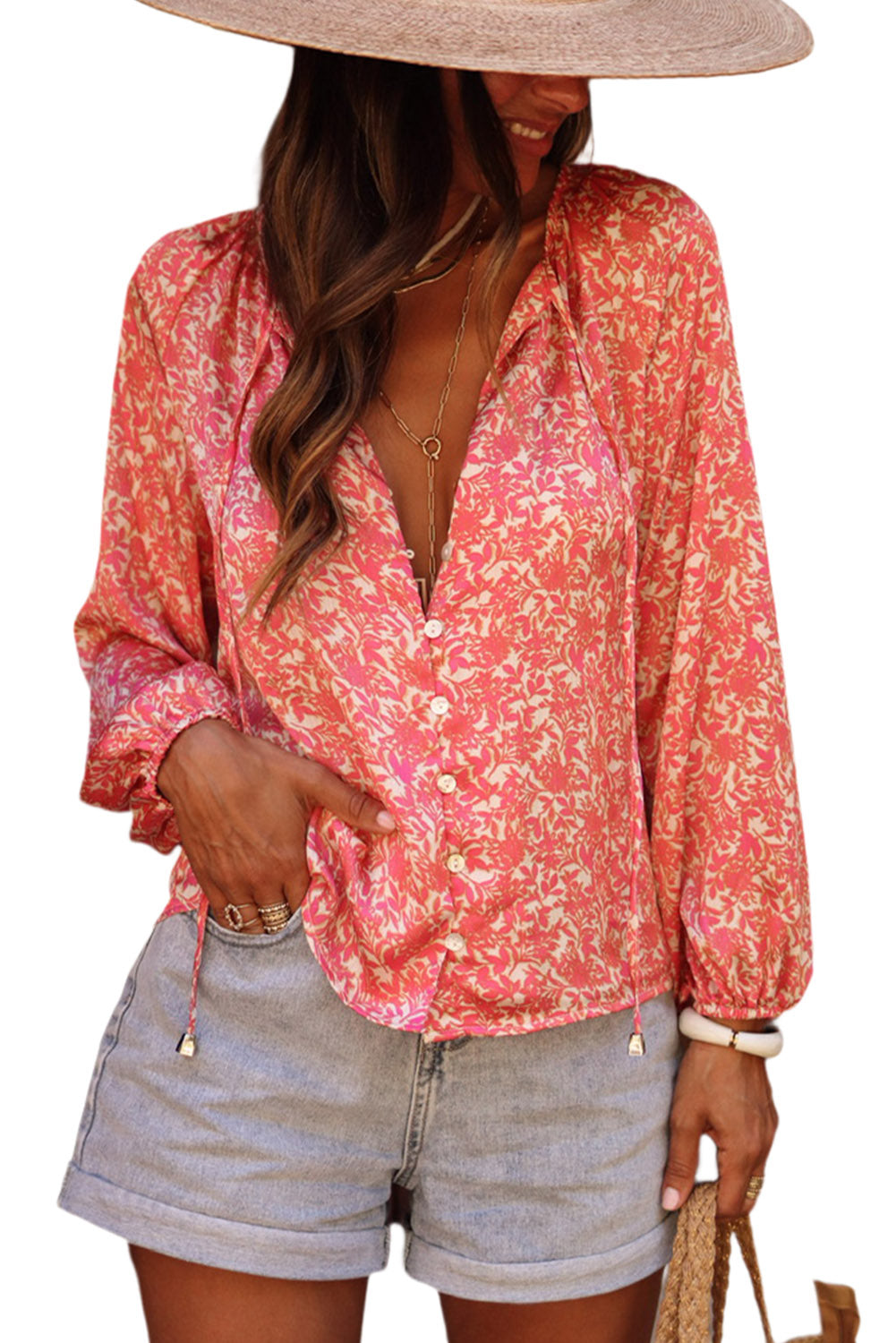 Pink Bubble Sleeve Floral Shirt with Lace up Tops & Tees JT's Designer Fashion