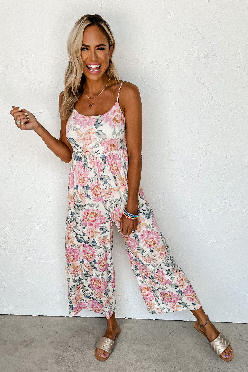 White Floral Spaghetti Straps Wide Leg Jumpsuit Jumpsuits & Rompers JT's Designer Fashion