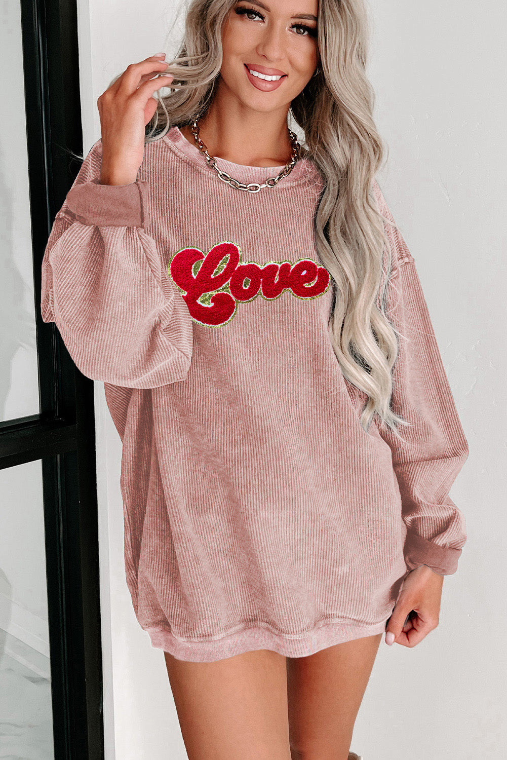 Pink Glitter Love Chenille Patch Corded Sweatshirt Graphic Sweatshirts JT's Designer Fashion