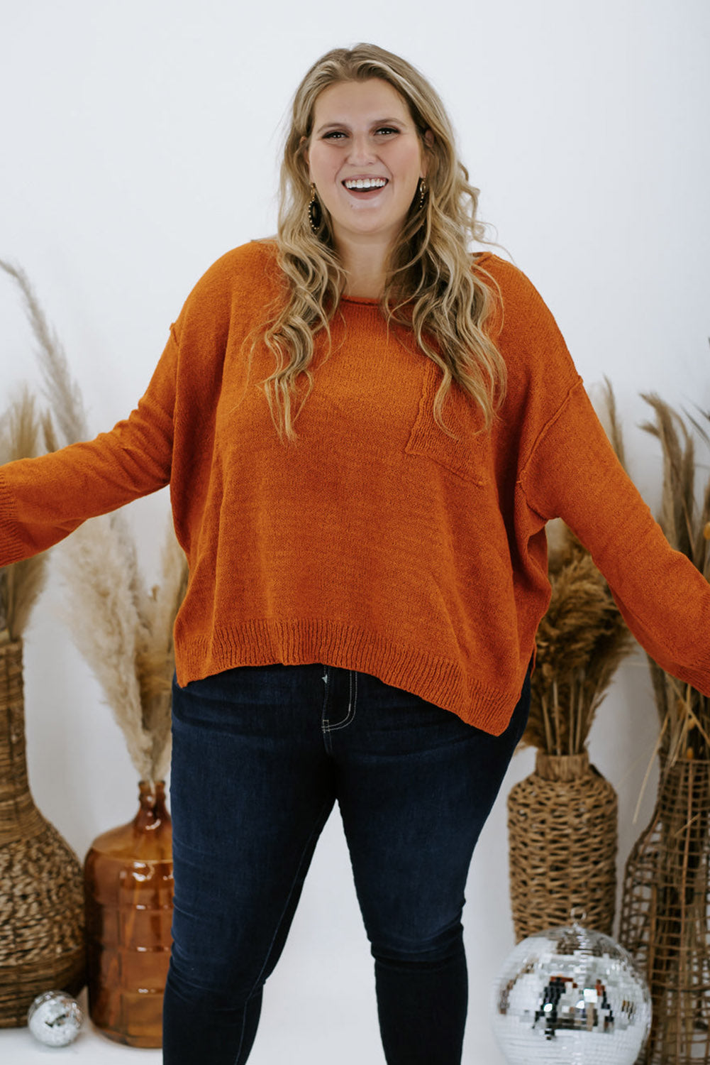 Orange Plus Size Chest Pocket Loose Split Side Sweater Plus Size JT's Designer Fashion