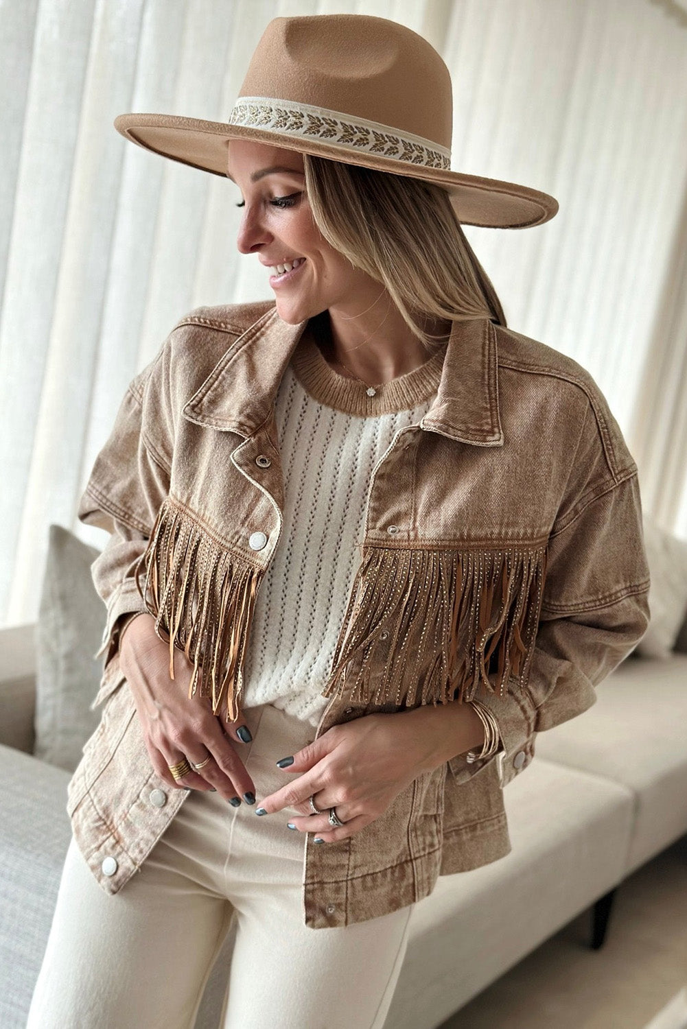 Brown Rhinestone Fringed Cowgirl Fashion Denim Jacket Denim jackets JT's Designer Fashion