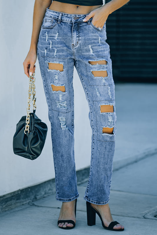 Sky Blue Buttoned Pockets Distressed Jeans Light Blue 75%Cotton+24%Polyester+1%Elastane Jeans JT's Designer Fashion