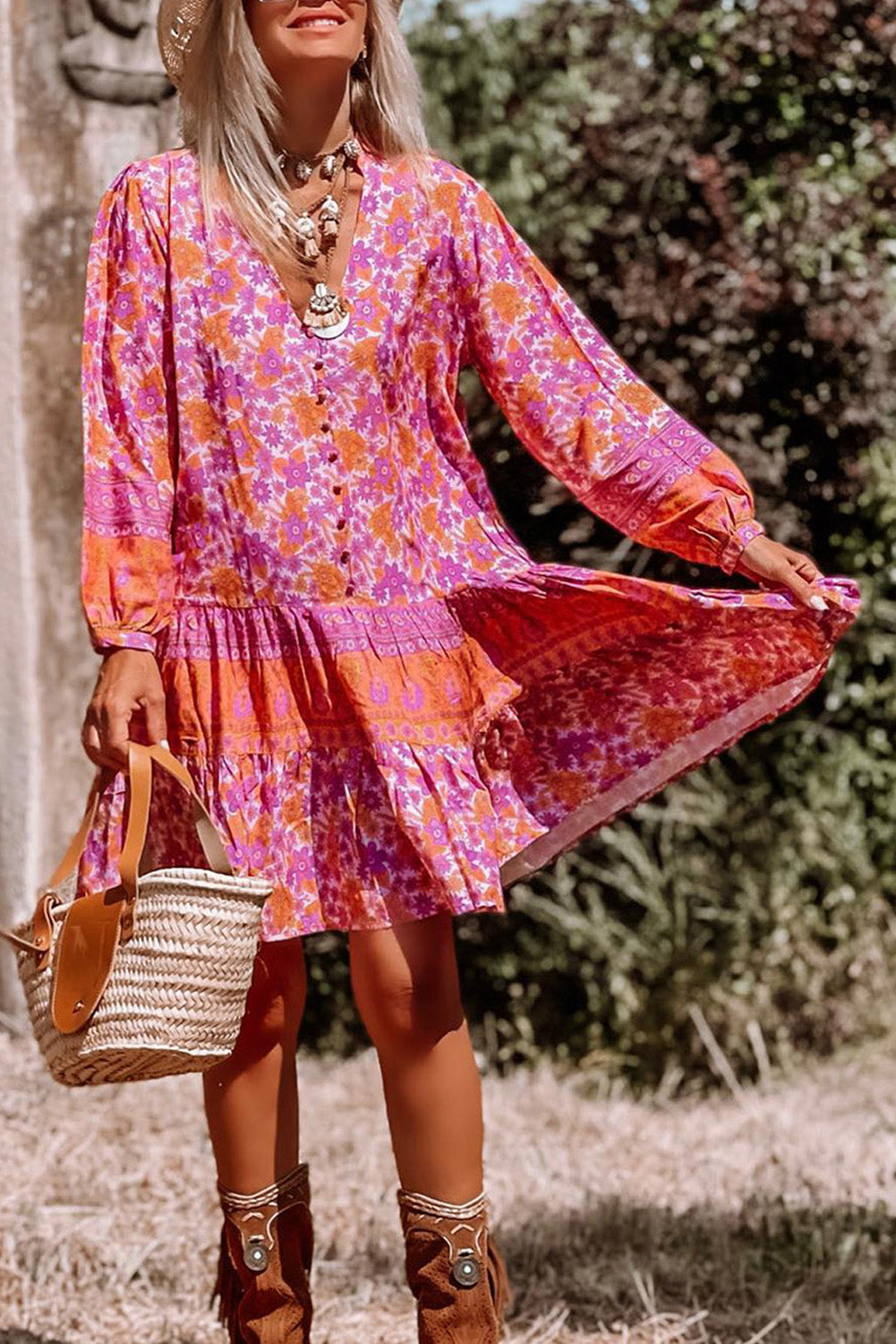 Rose Boho Floral Puff Sleeve V-Neck Ruffled Dress Dresses JT's Designer Fashion