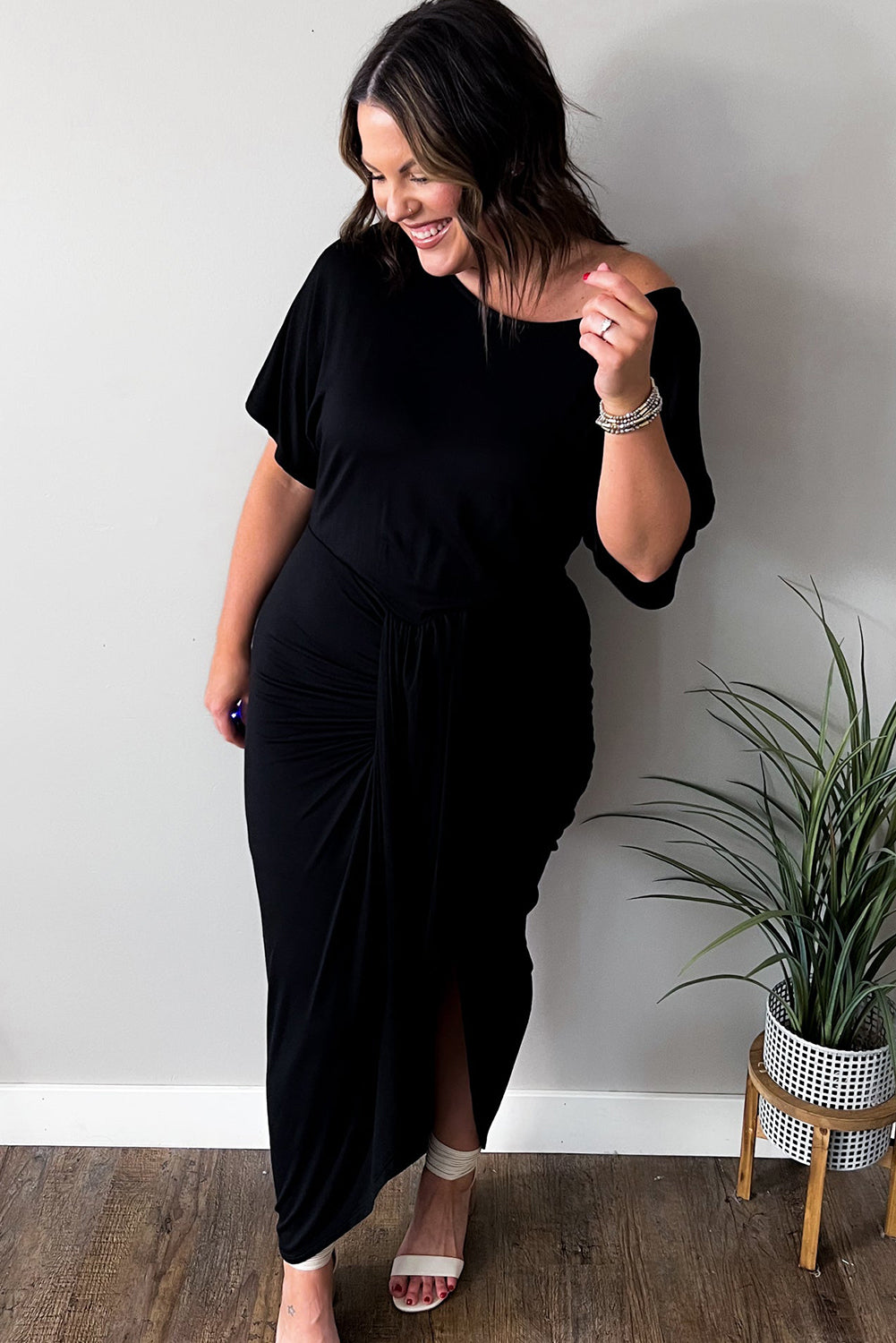 Black Side Split High Waist Short Sleeve Plus Size Maxi Dress Plus Size Dresses JT's Designer Fashion