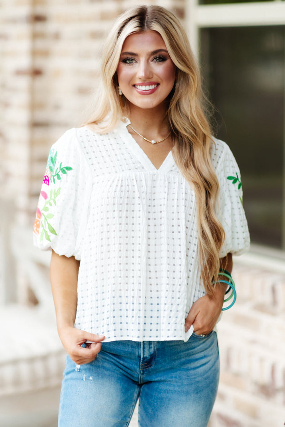 White Floral Embroidered Puff Sleeve Notched Neck Blouse Tops & Tees JT's Designer Fashion