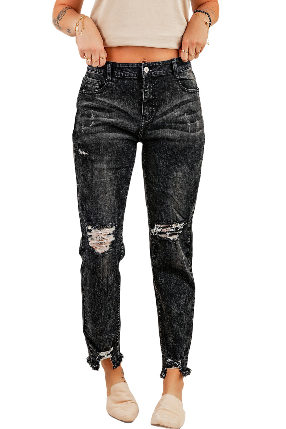 Black Ripped Slim Fit Washed Jeans Jeans JT's Designer Fashion