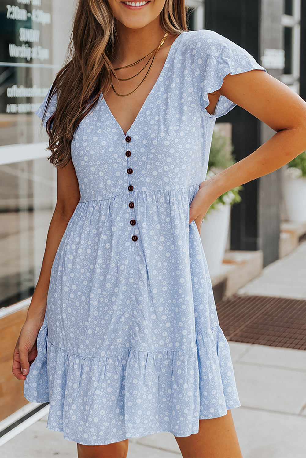 Sky Blue Floral V Neck Buttoned Babydoll Dress with Ruffled Hem Mini Dresses JT's Designer Fashion