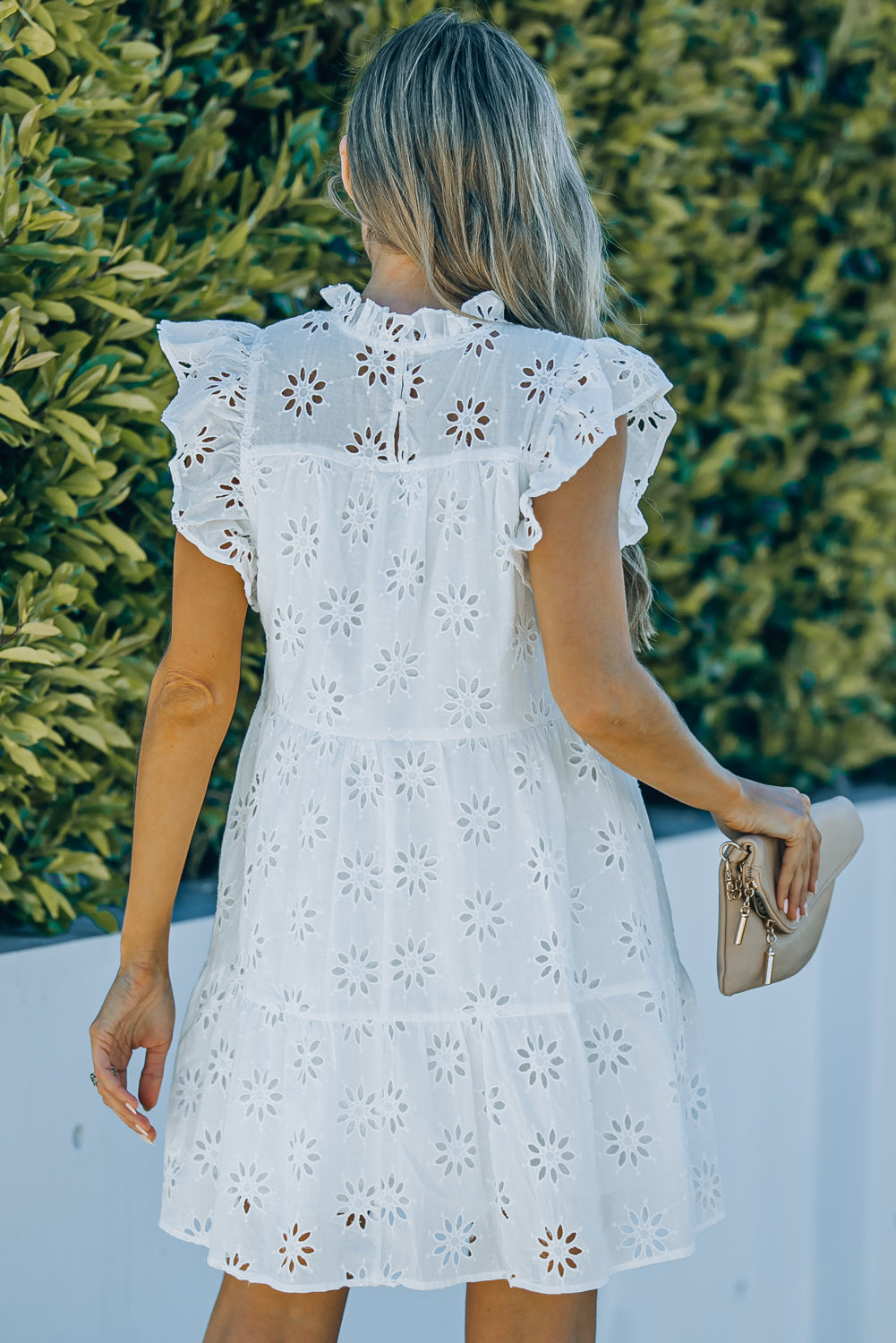 White Floral Eyelet Hollow-out Pattern Flutter Sleeve Tiered Dress Mini Dresses JT's Designer Fashion