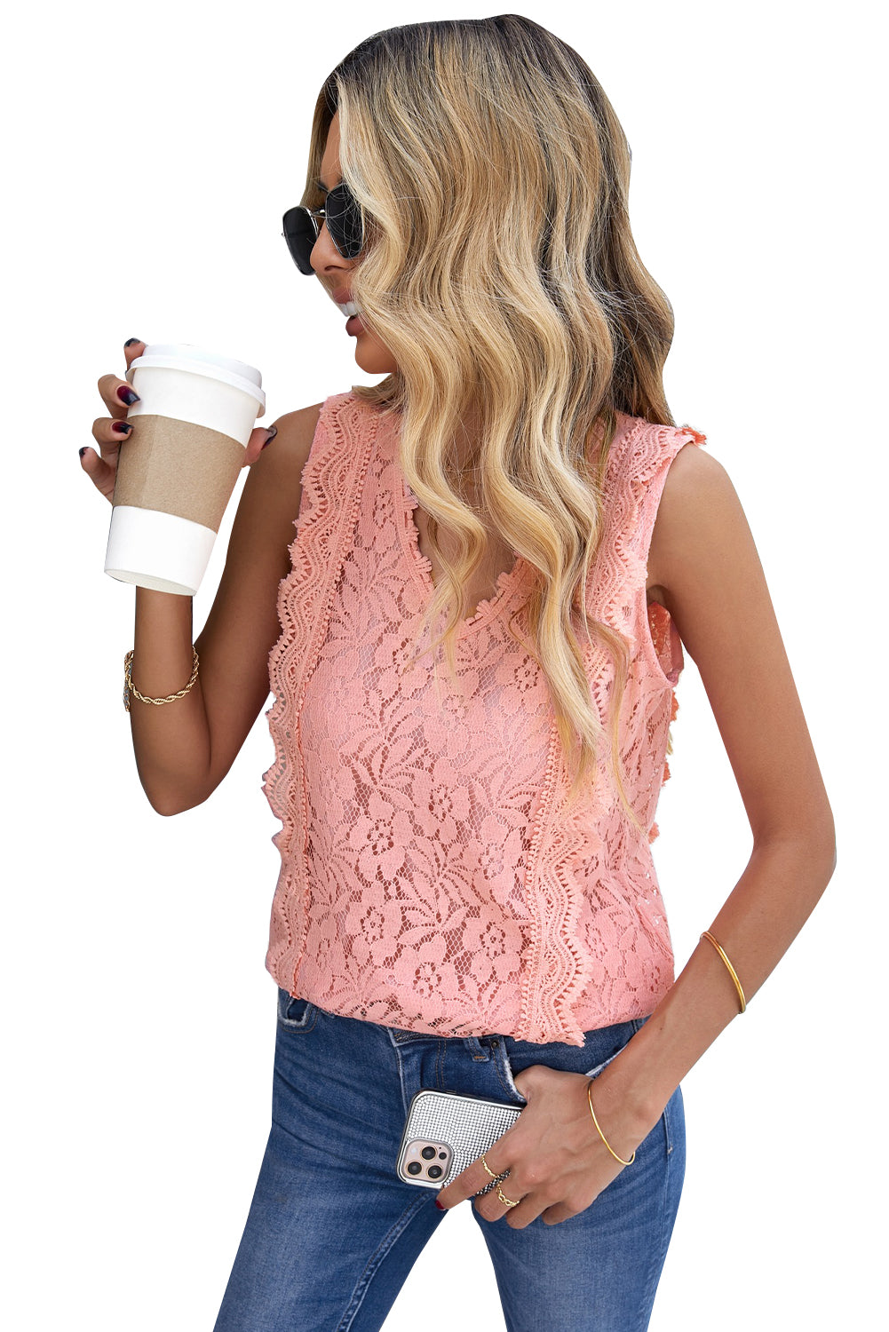 Pink Lace V Neck Tank Top Tank Tops JT's Designer Fashion