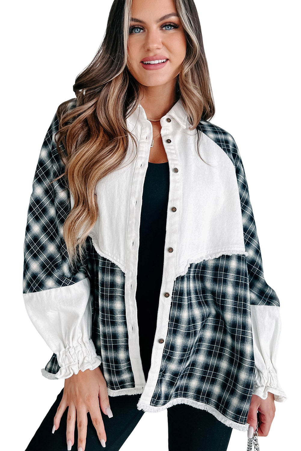 White Plaid Patch Puff Sleeve Buttoned Denim Jacket Denim jackets JT's Designer Fashion