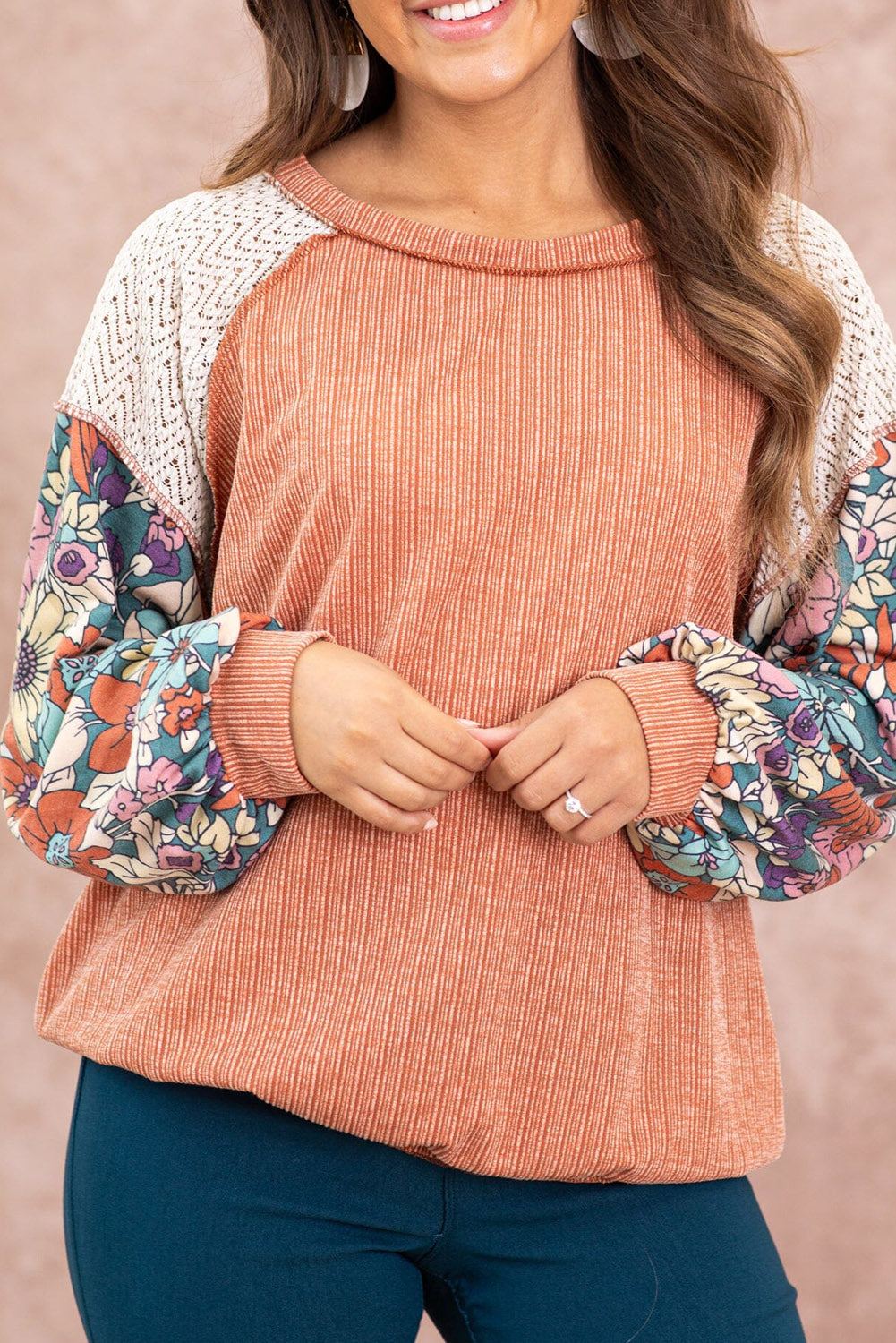 Grapefruit Orange Floral Patchwork Textured Puff Sleeve Blouse Tops & Tees JT's Designer Fashion