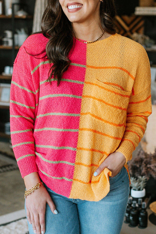 Yellow Red Striped Knit Chest Pocketed Plus Size Sweater Plus Size JT's Designer Fashion