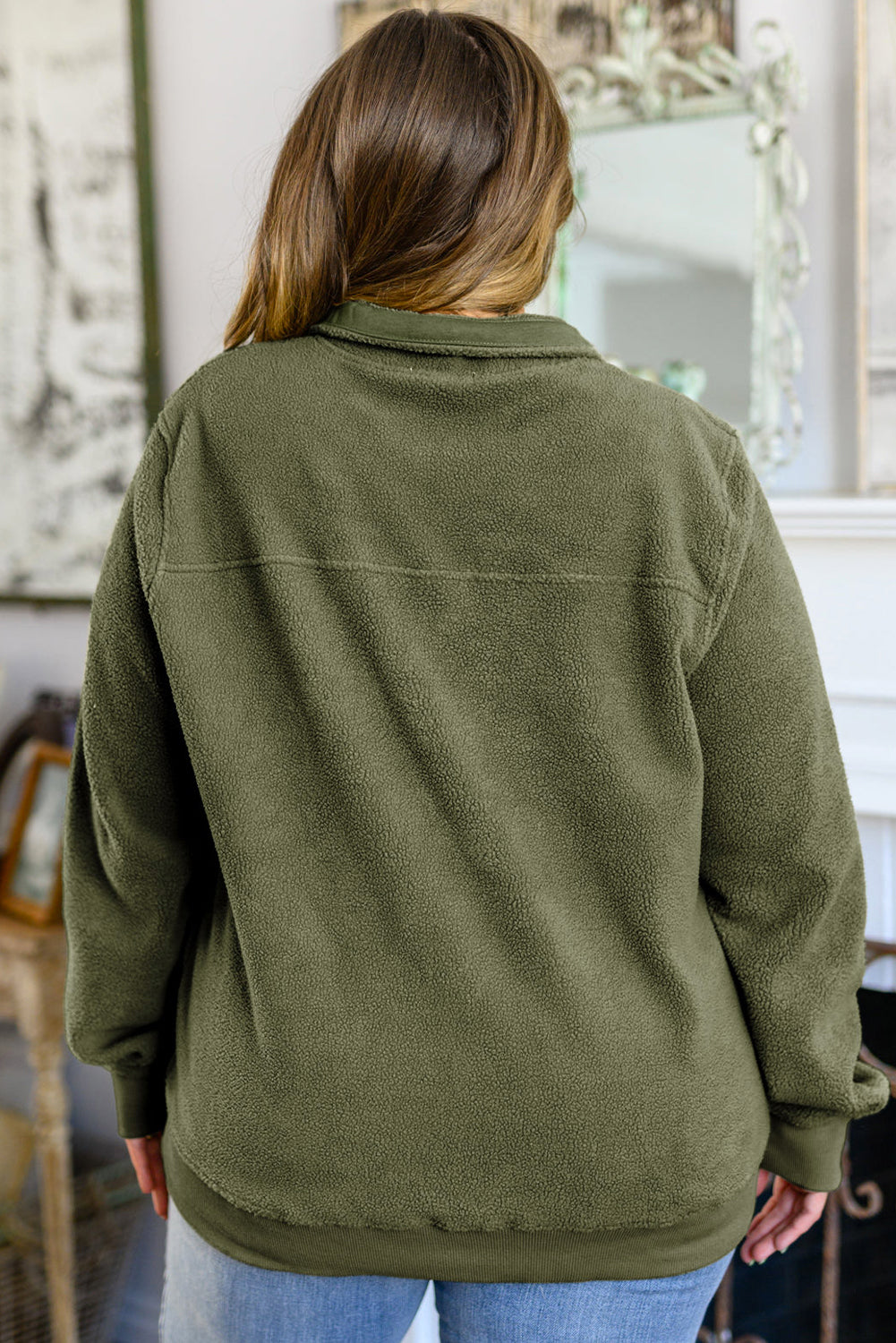 Green Button Split Neck Plus Size Fleece Sweatshirt Plus Size JT's Designer Fashion