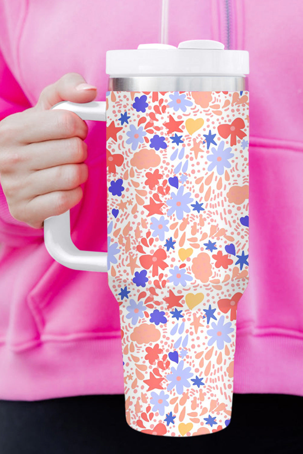 White Festive Printed Stainless Thermos Cup with Handle Tumblers JT's Designer Fashion