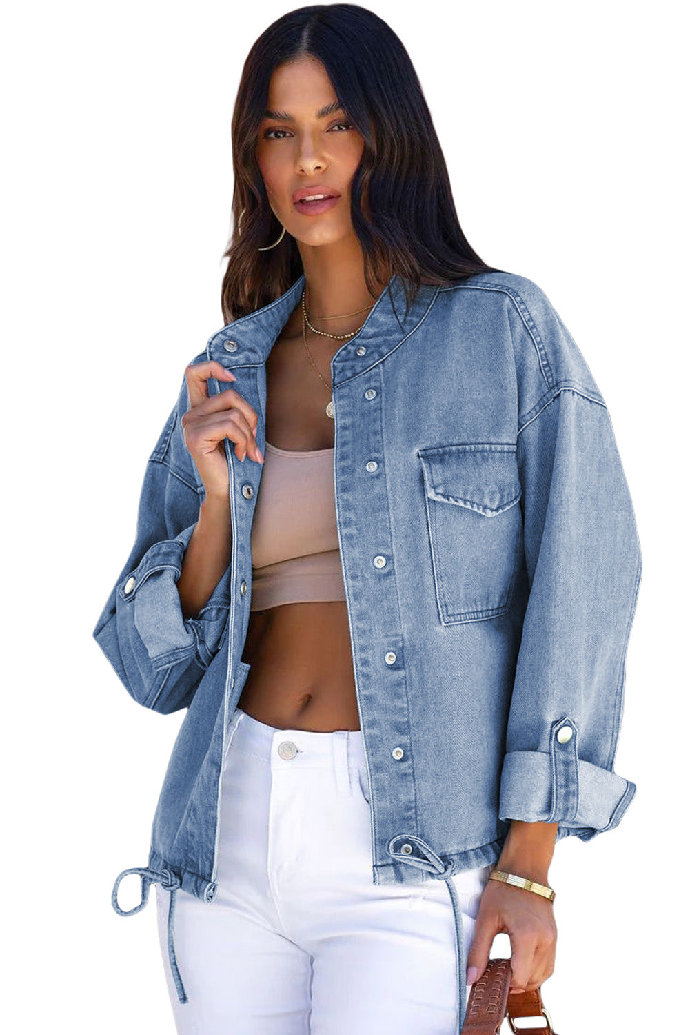 Sky Blue Roll-Up Tab Sleeve Snap Button Pocket Denim Jacket Denim jackets JT's Designer Fashion