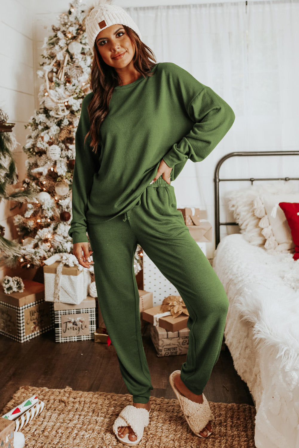 Spinach Green Long Sleeve Pullover and Jogger Pants Lounge Set Bottoms JT's Designer Fashion