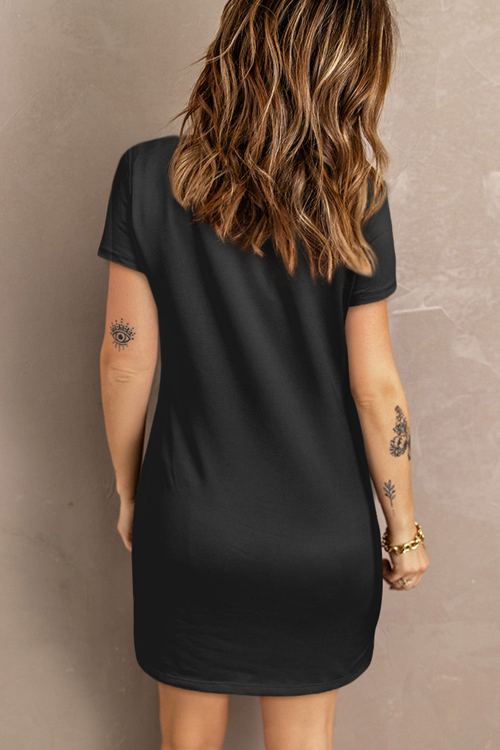 Black Crew Neck Short Sleeve Pocket Solid Color Casual Mini Dress T Shirt Dresses JT's Designer Fashion