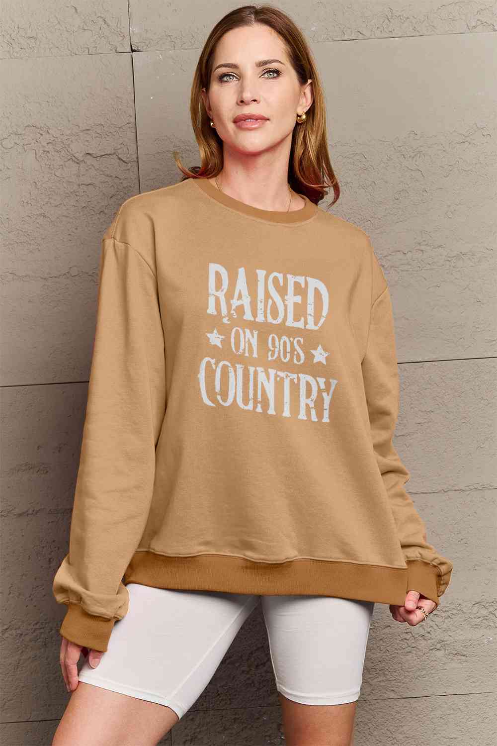 Simply Love Full Size RAISED ON 90'S COUNTRY Graphic Sweatshirt Caramel Graphic Sweatshirts JT's Designer Fashion